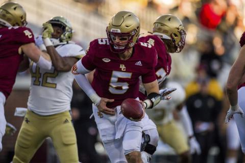 Boston College quarterback Phil Jurkovec (5) drops back to hand the ball off against Georgia Tech on Nov. 13 in Atlanta. (DANNY KARNIK/Associated Press)