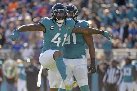 Jacksonville Jaguars linebacker Josh Allen (41) celebrates after sacking Buffalo Bills quarterback Josh Allen on Nov. 7 in Jacksonville. (PHELAN M. EBENHACK/Associated Press)