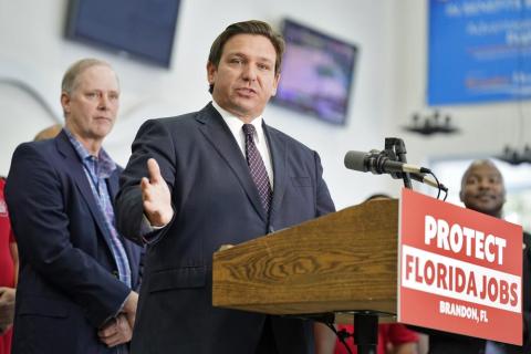 Ron DeSantis speaks to supporters and members of the media after a bill signing Thursday in Brandon. (CHRIS O’MEARA/Associated Press)