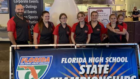 Fort White’s state bowling team: head coach Steven Hill, Alyssa Marlowe, Khloe Schmidt, Stephanie Selman, Alexis Wooley, Shelbie Wagner and Reagan Falotico. (COURTESY)