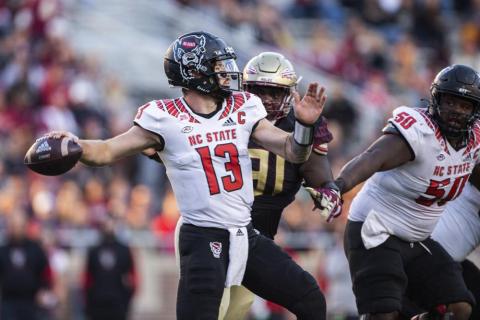 North Carolina State quarterback Devin Leary looks for a receiver during Saturday's game against Florida State in Tallahassee. (MARK WALLHEISER/Associated Press)