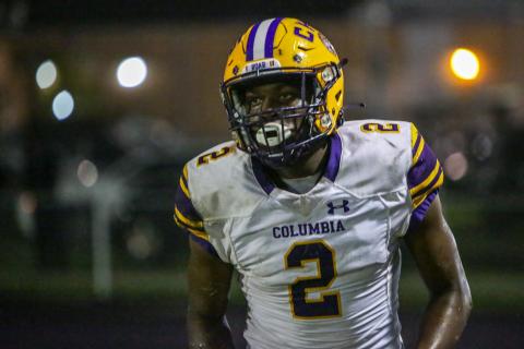 Columbia receiver Marcus Peterson after a play against Raines on Oct. 28. (BRENT KUYKENDALL/Lake City Reporter)