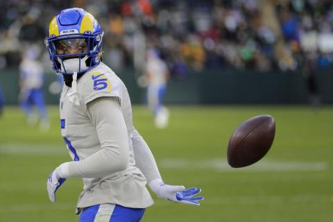 Los Angeles Rams' Jalen Ramsey warms up before a game against the Green Bay Packers on Sunday in Green Bay, Wis. (AARON GASH/Associated Press)