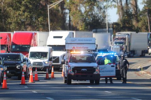 Traffic is diverted off Interstate 75 south at Ellisville on Thursday afternoon as a manhunt was underway for a suspect that shot at a Columbia County deputy. (TONY BRITT/Lake City Reporter)