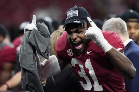 Alabama wide receiver Shatarius Williams celebrates his team's win after the Southeastern Conference championship game against Georgia on Saturdayin Atlanta. Alabama won 41-24. (BRYNN ANDERSON/Associated Press)