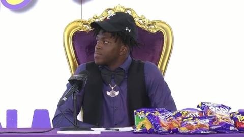 This still image from Bally Sports and the Stadium Network’s live US Army Bowl/Takis USA National Signing Day event on Wednesday shows Columbia receiver Marcus Peterson as he gets set to sign his letter of intent with Cincinnati. (COURTESY OF BALLY SPORTS/STADIUM NETWORK)
