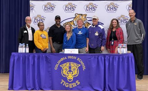 Columbia tennis player Camrin Wilcoxon signed his letter of intent with William Jessup University in California on Monday. (COURTESY)