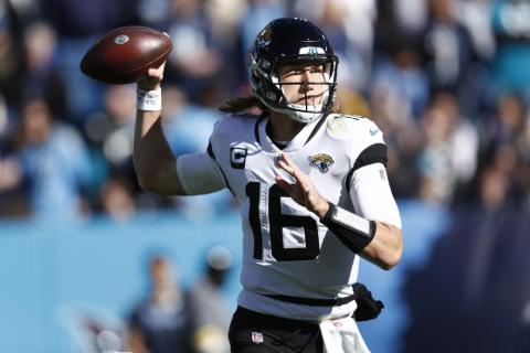 Jacksonville Jaguars quarterback Trevor Lawrence passes in the pocket against the Tennessee Titans on Dec. 12 in Nashville, Tenn. (WADE PAYNE/Associated Press)