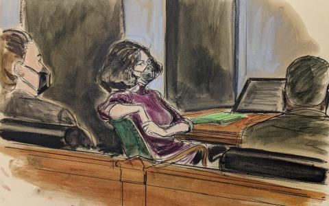 In this courtroom sketch, Ghislaine Maxwell, center, sits in the courtroom during a discussion about a note from the jury, during her sex trafficking trial, Wednesday, Dec. 29, 2021, in New York. (ELIZABETH WILLIAMS/Associated Press)