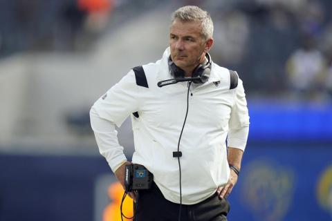 Jacksonville Jaguars head coach Urban Meyer stands on the field before a game against the Los Angeles Rams on Dec. 5 in Inglewood, Calif. Meyer's tumultuous NFL tenure ended after just 13 games — and two victories — when the Jacksonville Jaguars fired him early Thursday, Dec. 16, 2021 because of an accumulation of missteps. (JAE C. HONG/Associated Press)