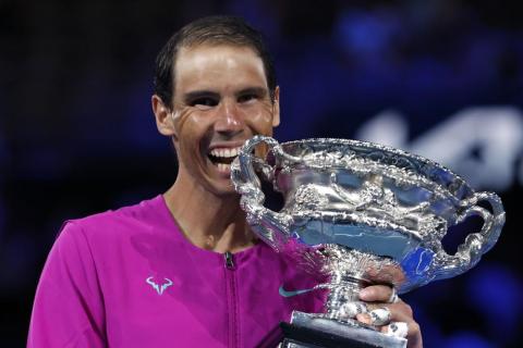 Rafael Nadal holds the Norman Brookes Challenge Cup after defeating Daniil Medvedev in the men's singles final at the Australian Open on Saturday in Melbourne, Australia. (HAMISH BLAIR/Associated Press/Associated Press)