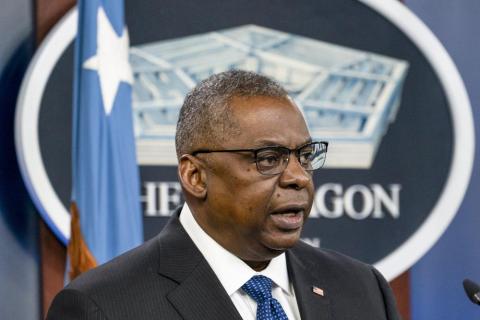 Secretary of Defense Lloyd Austin speaks during a media briefing at the Pentagon on Friday in Washington. (ALEX BRANDON/Associated Press)