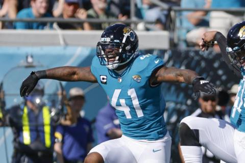 Jacksonville Jaguars outside linebacker Josh Allen (41) celebrates after sacking Indianapolis Colts quarterback Carson Wentz during Sunday’s game in Jacksonville. (AP Photo/STEPHEN B. MORTON/Associated Press)