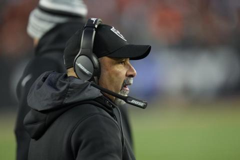 Las Vegas Raiders interim head coach Rich Bisaccia watches during a wild-card playoff game against the Cincinnati Bengals on Jan. 15 in Cincinnati. (AJ MAST/Associated Press)