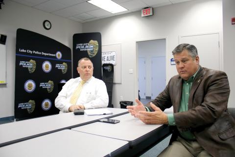 Sheriff Mark Hunter (right) and Lake City Interim Police Chief Gerald Butler have reached a deal to have the agencies work together more closely. (TONY BRITT/Lake City Reporter)