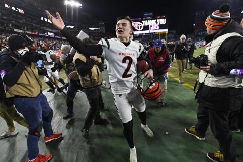 Bengals kicker Evan McPherson celebrates his game-winning field goal against the Tennessee Titans in the AFC divisional playoffs on Saturday in Nashville, Tenn. The Cincinnati Bengals won 19-16. (MARK ZALESKI/Associated Press)