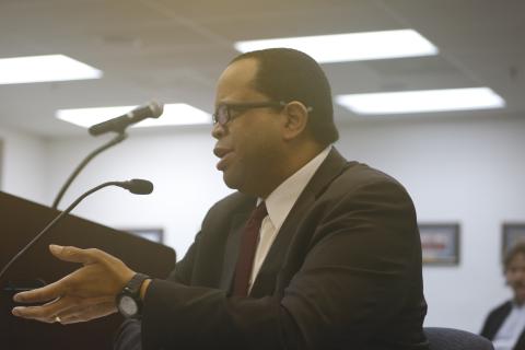 Thomas Thomas answers a question from the Lake City Countil during an interview for the city manager position Wednesday morning. (JAMIE WACHTER/Lake City Reporter)