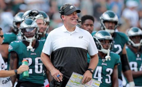 Former Philadelphia Eagles head coach Doug Pederson reacts during a game against the Detroit Lions on Sept. 22, 2019. (TIM HAWK/TNS)