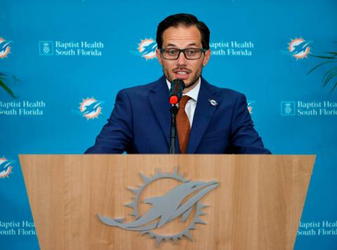 New Miami Dolphins head coach Mike McDaniel speaks at his introductory press conference at Baptist Health Training Complex in Hard Rock Stadium on Thursday in Miami Gardens. (DAVID SANTIAGO/TNS)