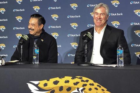Jacksonville Jaguars owner Shahid Khan, left, and new head coach Doug Pederson smile during a news conference on Saturday in Jacksonville. (MARK LONG/Associated Press)