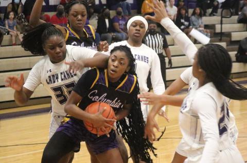 Columbia guard Na’Haviya Paxton battles Gainesville forward Imari Keenon for possession Friday night in the District 3-6A Championship Game on Friday night. (JORDAN KROEGER/Lake City Reporter)