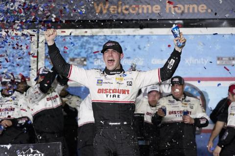 Austin Cindric celebrates in Victory Lane after winning the NASCAR Daytona 500 at Daytona International Speedway on Sunday in Daytona Beach. (JOHN RAOUX/Associated Press)