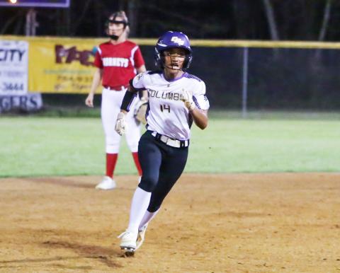 Columbia’s Sakiya Merriex rushes to third base against Lafayette on Thursday night. (BRENT KUYKENDALL/Lake City Reporter)