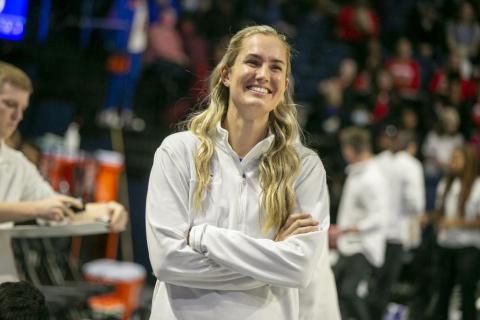 Florida head coach Kelly Rae Finley smiles before a game against South Carolina on Jan. 30 in Gainesville. (ALAN YOUNGBLOOD/Associated Press)
