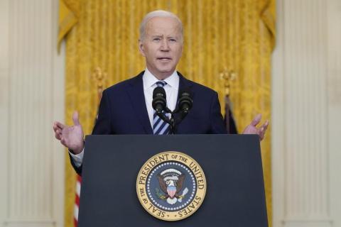 President Joe Biden speaks about the Russian invasion of Ukraine in the East Room of the White House on Thursday in Washington. (ALEX BRANDON/Associated Press)