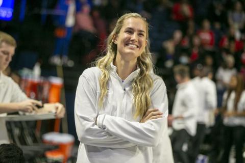 Florida interim head coach Kelly Rae Finley smiles before a game against South Carolina on Jan. 30 in Gainesville. (AP FILE)