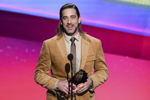 Green Bay Packers quarterback Aaron Rodgers receives the AP Most Valuable Player of the Year Award at the NFL Honors show on Thursday in Inglewood, Calif. (MARK J. TERRILL/Associated Press)