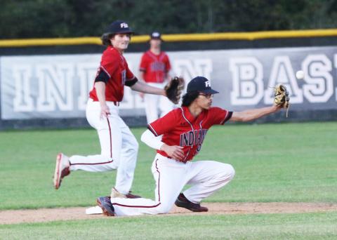 Fort White second baseman Daniel Gonzalez can’t pull in a throw from home plate as Union County attempts to steal second base during Thursday night’s game. (JORDAN KROEGER/Lake City Reporter)