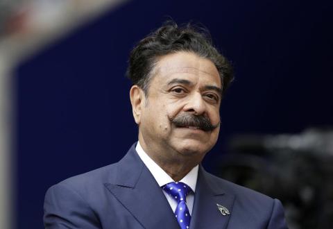 Jacksonville Jaguars owner Shahid Khan stands before a game between the Jaguars and the Baltimore Ravens at Wembley Stadium on Sept. 24, 2017, in London. (AP File)