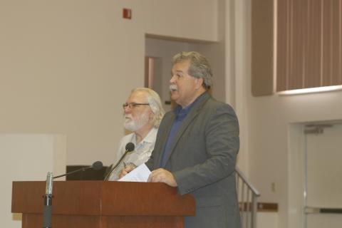 Hugh Thomas (right) and Charlie Keith address the council at Thursday morning’s meeting. (JAMIE WACHTER/Lake City Reporter)