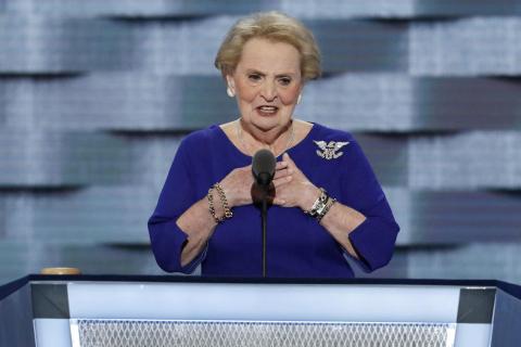 Former Secretary of State Madeleine Albright speaks during the second day of the Democratic National Convention on July 26, 2016, in Philadelphia. Albright has died of cancer, her family said Wednesday. (AP File)