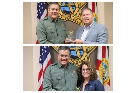 Senators Chuck Brannon (above) and Jennifer Bradley pose with Columbia County Sheriff Mark Hunter as he presents them with a “Friend of the Sheriff” award on Friday. (COURTESY PHOTOS)