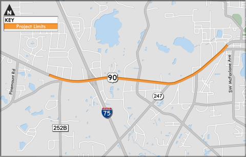 An FDOT map highlights the stretch of U.S. Highway 90 that will be under construction starting next week. (COURTESY)