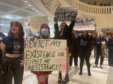 Protesters rallied against a bill that would place restrictions on teaching about gender identity and sexual orientation. (RYAN DAILEY/News Service of Florida)