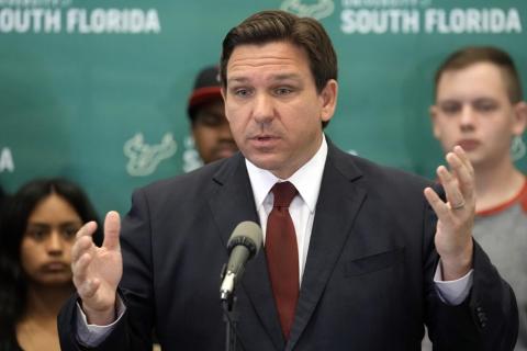 Florida Gov. Ron DeSantis speaks during a news conference after announcing a $20 million dollar program to create cybersecurity opportunities through the Florida Center for Cybersecurity at the University of South Florida Wednesday in Tampa. (CHRIS O’MEARA/Associated Press)