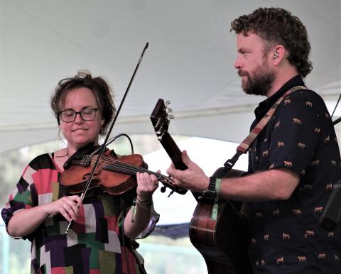 A pair of musicians with the Jon Stickley Trio perform at the SOSMP in 2021. (COURTESY)