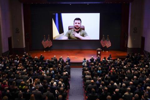 Ukrainian President Volodymyr Zelenskyy speaks to the U.S. Congress by video to plead for support as his country is besieged by Russian forces. (J. SCOTT APPLEWHITE/Associated Press)