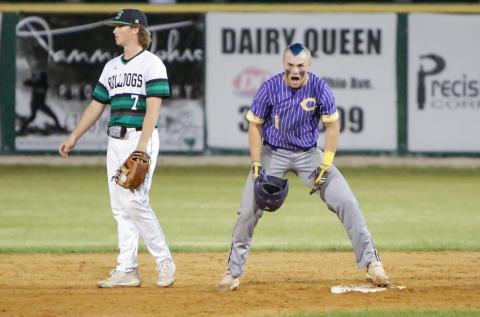 Columbia’s Hayden Gustavson celebrates after hitting a double against Suwannee on Tuesday night. The game was called in the third inning due to rain with the Tigers leading 1-0. A makeup date is to be determined. (BRENT KUYKENDALL/Lake City Reporter)