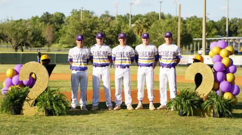 Columbia seniors Ty Jackson (from left), Brent Howard, Truitt Todd, Ty Floyd and Kade Jackson were all honored prior to Friday’s game against Ridgeview for Senior Night. (BRENT KUYKENDALL/Lake City Reporter)
