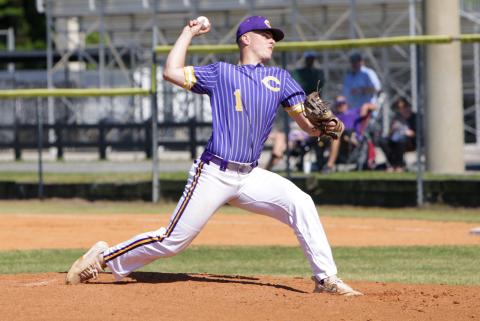 Columbia pitcher Hayden Gustavson pitches against Bishop Kenny on Monday afternoon. Gustavson struck out seven and only allowed one hit in four innings. (BRENT KUYKENDALL/Lake City Reporter)
