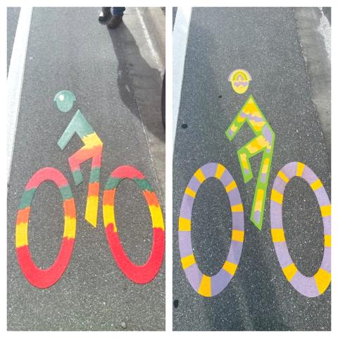 The pair of new bike lane designs are currently displayed on U.S. Highway 90 west of Interstate 75. Atlas Skinner (left) and Abigail Swisher (right) designed the colors and patterns of the logos. (COURTESY PHOTOS)