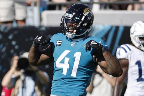 Jacksonville Jaguars outside linebacker Josh Allen celebrates after sacking Indianapolis Colts quarterback Carson Wentz on Jan. 9 in Jacksonville. (AP FILE)