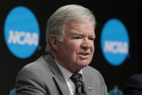 NCAA President Mark Emmert speaks at a news conference at the Target Center, site of of the women's Final Four, on March 30 in Minneapolis. (ERIC GAY/AP File) 
