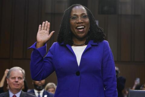 Ketanji Brown Jackson, sworn in for her hearing before the Senate Judiciary Committee in March, was confirmed to the Supreme Court on Thursday. (JACQUELYN MARTING/Associated Press)