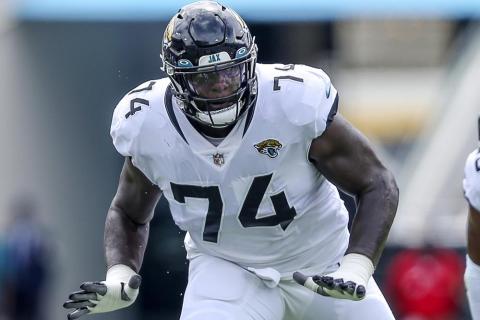 Jacksonville Jaguars offensive tackle Cam Robinson is shown during a game against the Denver Broncos on Sept. 19, 2021, in Jacksonville. (AP File)
