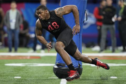Georgia defensive lineman Travon Walker runs a drill during the NFL scouting combine on March 5 in Indianapolis. (AP File)
